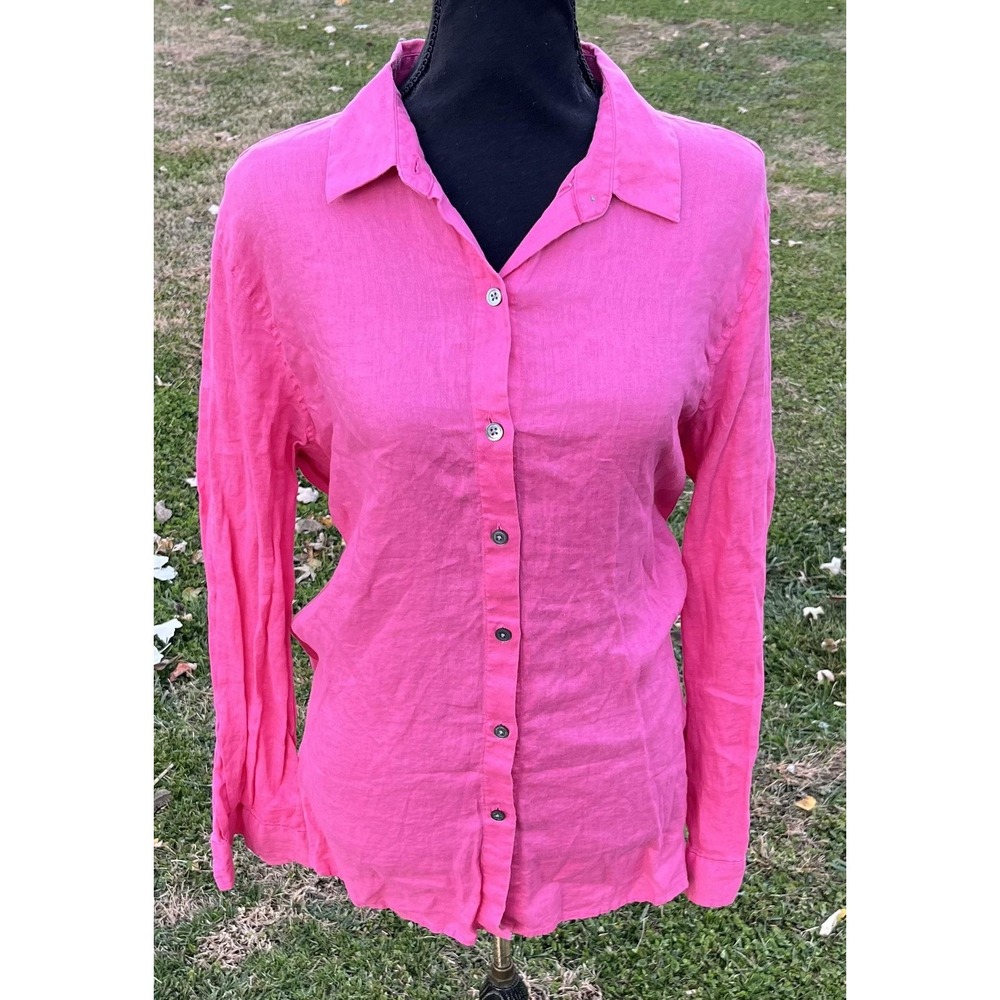 J. Jill Linen Shirt Womens Medium Pink Button Front Long Sleeve Collared Blouse
